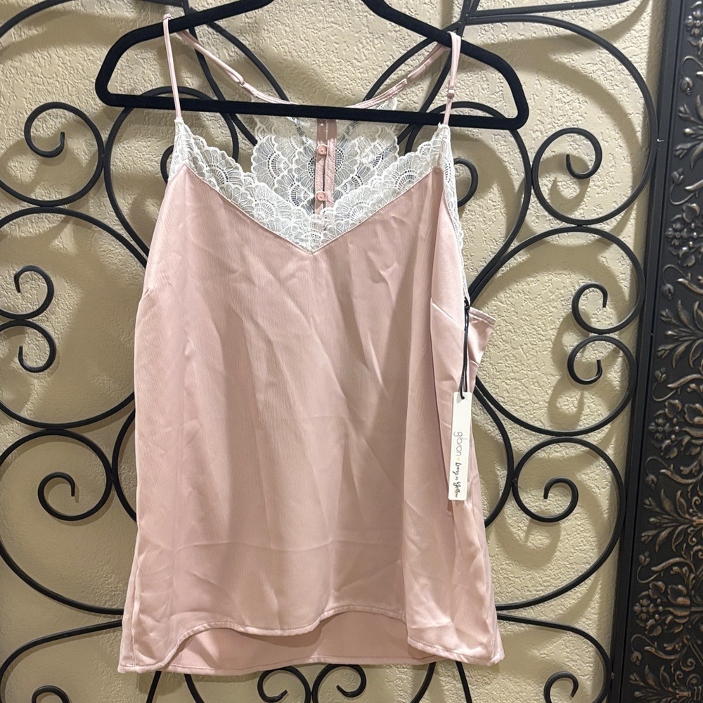 Gibson Pink Lace Trim Satin Tank Top